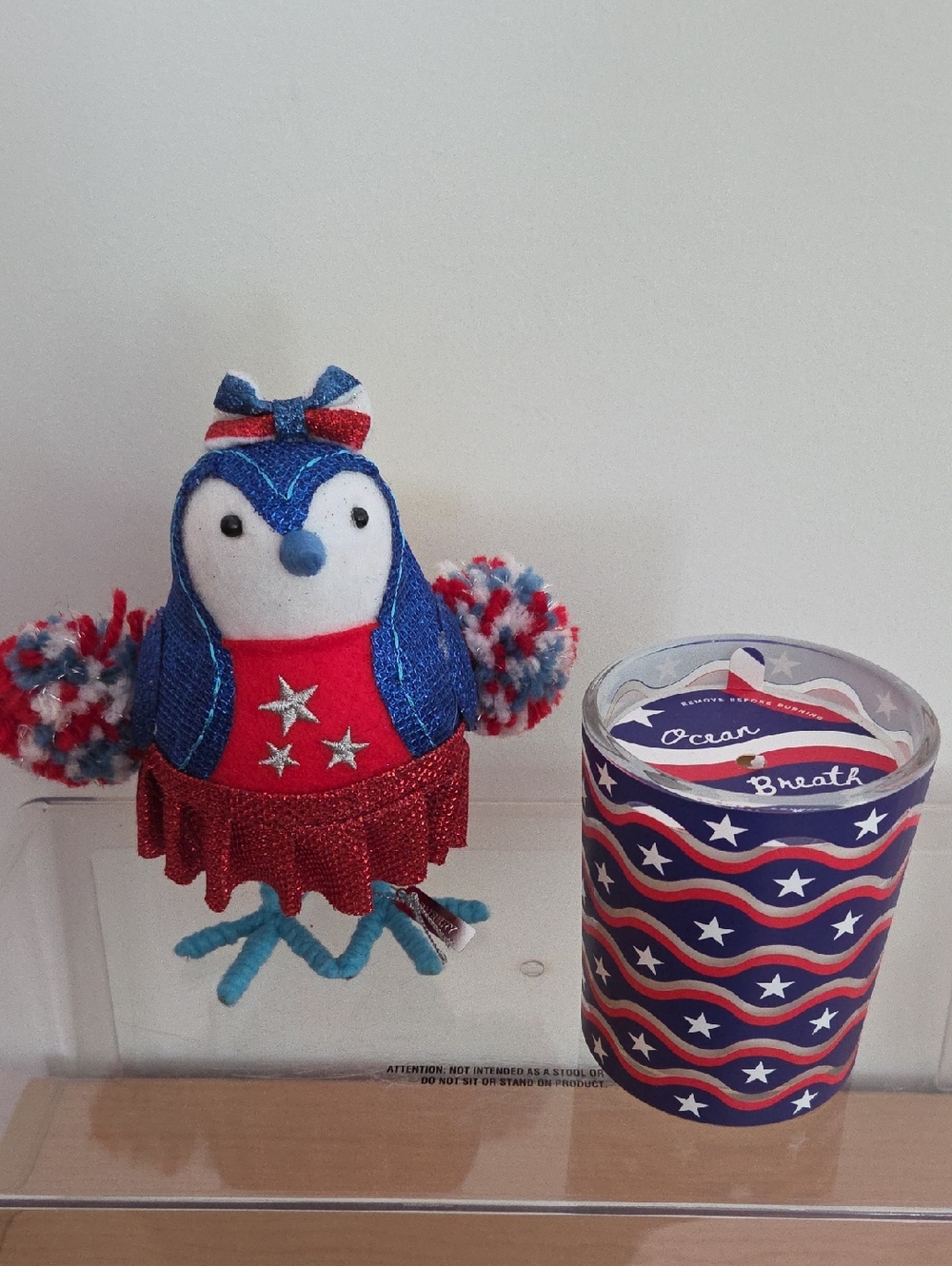 Patriotic Red White Blue Bird Plush Accent with Patriot Candle